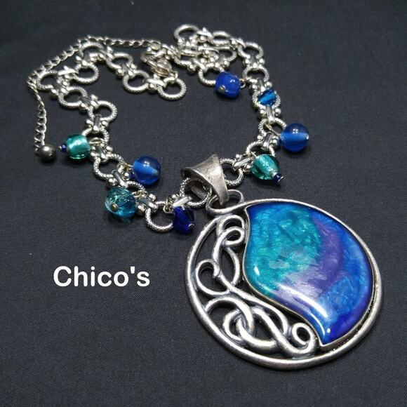Chico’s Silver Tone Necklace Blue Teal Purple Pendant Iridescent Beads 20" - Picture 8 of 9